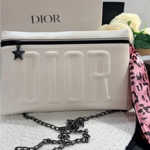 Christian Dior Trousse Puffy Cosmetic Pouch Crossbody + Pink Scarf Accent - NIB